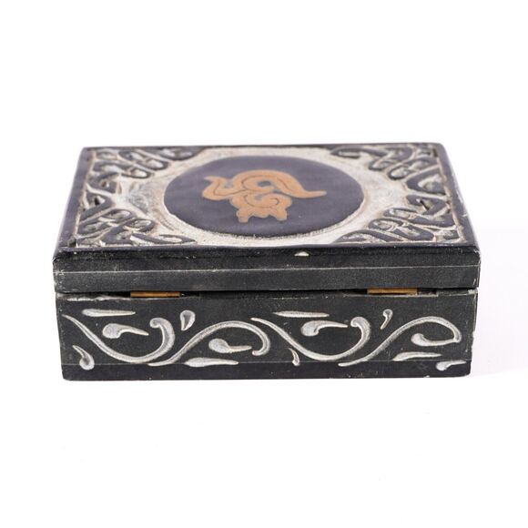 Om Spiritual Symbol 6" Carved Stone & Gold Metal Inlay Storage Container Box - Picture 5 of 9